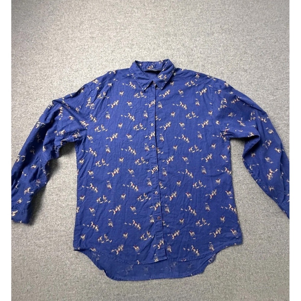 Woolrich Shirt Women Large Blue Cowboy Horse Western Print Long Sleeve Button Up